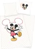 A flat lay of Mickey Mouse themed bedding with a pillow and a duvet cover. Produktbild-Vorschau