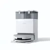 A white robot vacuum cleaner with a charging and self-emptying base station is shown against a white background. Produktbild-Vorschau