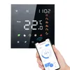 A smart thermostat is shown on a white background, with a hand holding a smartphone displaying the thermostat's app. Produktbild-Vorschau