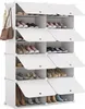 A white modular shoe rack with multiple compartments and doors, filled with various shoes and boots. Voir les images du produit