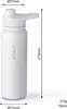 A white insulated water bottle with dimensions and capacity indicated by text overlays. Produktbild-Vorschau