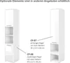 Two tall, narrow white cabinets are shown. One is on the left and the other is on the right. Dotted lines connect labels to the cabinets. Produktbild-Vorschau