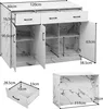 A collage of images showing a kitchen island from different angles and close-ups of its dimensions. Voir les images du produit