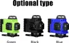 Three laser levels in different colors (green, black, and blue) are displayed side-by-side against a white background. Podgląd zdjęcia produktu
