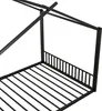 A black metal canopy bed frame shown from a low angle, focusing on the bed base and the lower part of the canopy structure. Podgląd zdjęcia produktu