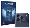 A product shot showing the packaging for Savvies screen protectors and a close-up of the protectors applied to a phone's camera lenses. Produktbild-Vorschau