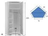A white wardrobe with its doors open, showing shelves and a hanging rod. Next to it is a diagram of a pentagonal shape with dimensions. Produktbild-Vorschau