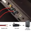 The image shows the back of an audio device with cables plugged in, and a diagram illustrating how speaker wire connects to an RCA male connector, which then connects to a speaker and amplifier. Produktbild-Vorschau