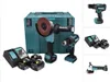 A collage of images showing a Makita tool kit with a drill, angle grinder, batteries, charger, and case. Produktbild-Vorschau