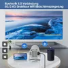 A projector is shown connected to a smartphone and a speaker, with icons indicating WiFi and Bluetooth connectivity. The background displays a large projected image. Produktbild-Vorschau