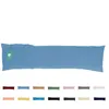 A long body pillow in a light blue color is displayed horizontally against a white background. A small green tag is attached to the left end of the pillow. Below the pillow, there are several smaller swatches of different colored pillows, indicating availa Produktbild-Vorschau