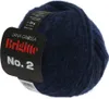 A ball of dark blue yarn with a label attached. Produktbild-Vorschau