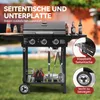 A gas grill is shown outdoors in a grassy area with a pool in the background. There are also bottles of beer and condiments on the side tables. Produktbild-Vorschau