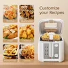 A collage of food items with cooking instructions and a white air fryer. Produktbild-Vorschau