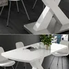 A split image showing a close-up of a white dining table base and a wider shot of the dining table with chairs and a plant. Anteprima dell’immagine prodotto