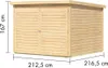 A wooden garden shed with dimensions indicated. Produktbild-Vorschau
