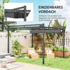 A backyard scene with a gray pergola, outdoor furniture, and plants. Produktbild-Vorschau