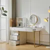 A white vanity table with gold legs, a lighted mirror, and storage drawers. Voir les images du produit