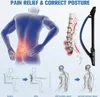 A marketing image showing a person experiencing back pain, a diagram of the spine, a product designed to support the spine, and illustrations of posture correction. Produktbild-Vorschau