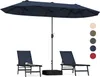 A navy blue double patio umbrella with two chairs and a base. Anteprima dell’immagine prodotto