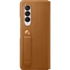 A brown leather phone case with a kickstand is shown against a white background. Produktbild-Vorschau