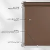 A close-up view of a brown roller blind with labels pointing out its features. Produktbild-Vorschau