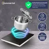 An induction cooktop with a pot and lid, set against a dark gray background, with various feature callouts. Náhľad obrázku produktu