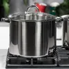 A stainless steel pot with a glass lid sits on a gas stove. Produktbild-Vorschau