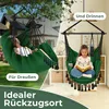 A split image showing a person relaxing in a green hanging chair outdoors and a child reading in a similar chair indoors. Produktbild-Vorschau