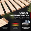 A collage of images showing wooden bed slats and a bed, with text overlays advertising custom manufacturing and availability in a shop. Produktbild-Vorschau