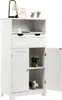 A white bathroom cabinet with two drawers and two doors, one of which is open, revealing shelves and decorative items. Náhled obrázku produktu