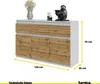 A white and wood-grain sideboard with decorative items on top, shown with dimensions indicated. Voir les images du produit