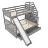 A gray wooden bunk bed with a slide and stairs, shown from a slightly elevated angle against a white background. Podgląd zdjęcia produktu