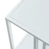 A close-up view of the corner of a white metal shelf unit. Produktbild-Vorschau