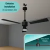 A ceiling fan is shown assembled and exploded, with text overlays indicating easy installation and angle options. Produktbild-Vorschau