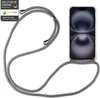 A smartphone with a gray lanyard case is displayed against a white background. The lanyard is attached to the case, showing how it can be worn around the neck. Produktbild-Vorschau