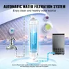 An illustration showing an automatic water filtration system with a faucet, filter, and ice maker. Voir les images du produit