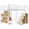 A white metal loft bed with wooden shelves and stairs against a white background. Voir les images du produit