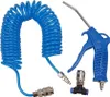 A set of air compressor accessories, including a coiled blue hose, an air duster gun, and two quick-connect fittings, laid out on a white background. Podgląd zdjęcia produktu