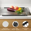 A roll-up drying rack filled with fruits and vegetables, placed over a kitchen sink. Below the main image are three circular diagrams highlighting product features. Náhled obrázku produktu
