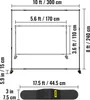 A diagram illustrating the dimensions of a VEVOR backdrop stand, with measurements provided in both feet and centimeters. Below the stand diagram, a folded black accessory with the VEVOR logo is shown. Anteprima dell’immagine prodotto