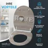 A toilet seat with a wooden design and 'HOME' text is displayed, with marketing text and icons on the right side. Produktbild-Vorschau