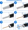 A step-by-step diagram showing how to install an F-connector onto a coaxial cable. Produktbild-Vorschau