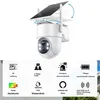 A white solar-powered security camera with a solar panel is shown against a white and light gray background. Below the camera, there is a graphic display of its features. Produktbild-Vorschau