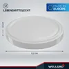 A white twist-off lid for jars, with dimensions and certifications indicated. Produktbild-Vorschau