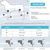 A diagram showing how to measure a dog's leg for a brace, with a size chart and illustrations of correct and incorrect measurements. Produktbild-Vorschau