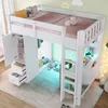 A child's loft bed with integrated storage and desk, illuminated by LED lights. Produktbild-Vorschau