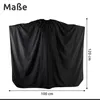 A black cape is laid flat, with dimensions indicated by lines and text. Produktbild-Vorschau