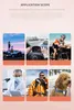 A collage of six images showing different application scenarios for a small white device, including people on a car, driving, cycling, a scientist, a hiker, and a dog. Anteprima dell’immagine prodotto