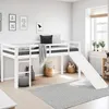 A child's bedroom with a white loft bed with a slide and ladder, decorated with framed pictures on the wall and a patterned rug on the floor. Produktbild-Vorschau